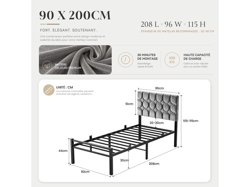  Lit 1 personne 90x200 cm, 32 cm d'espace de rangement sous le lit, cadre de lit rembourré avec sommier à lattes métalliques, gris  - Conforama E