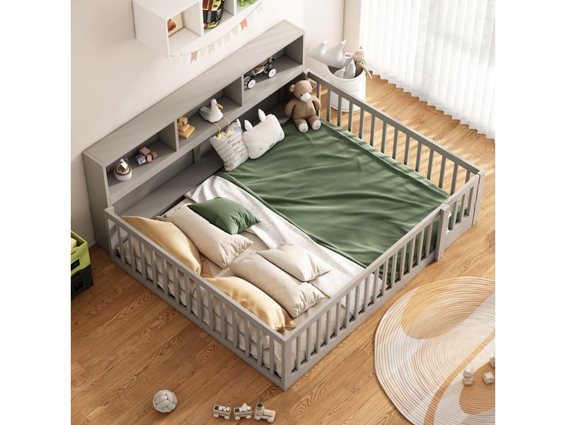  Lit enfant 140x200 cm avec rangements latéraux et barrières, gris  - Conforama C