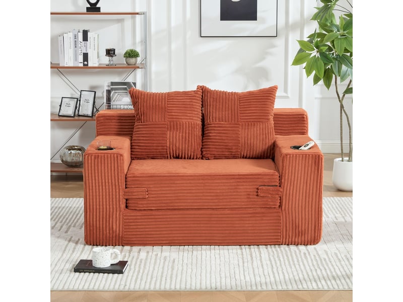  Canapé-lit format double assise confortable revêtement en cachemire deux coussins inclus porte-gobelet intégré repose-pieds décoratif rangement latéral  - Conforama E