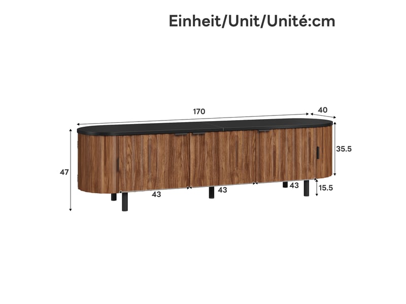 Meuble tv 170 cm avec 5 portes, façades rainurées, côtés arrondis, grand rangement, pieds et poignées métal, mdf effet noyer, pour salon - Conforama D