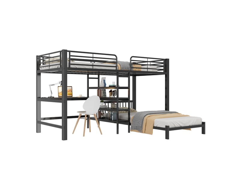 Lit superposé 90 × 200 cm 2 places avec bureau, 4 rangements, prises usb et usb-c, sans matelas, noir - Conforama A