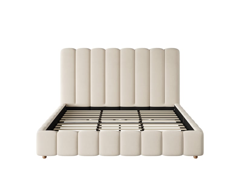  Lit double 200x200 cm, lit adulte en velours beige avec sommier à lattes, sans matelas  - Conforama D