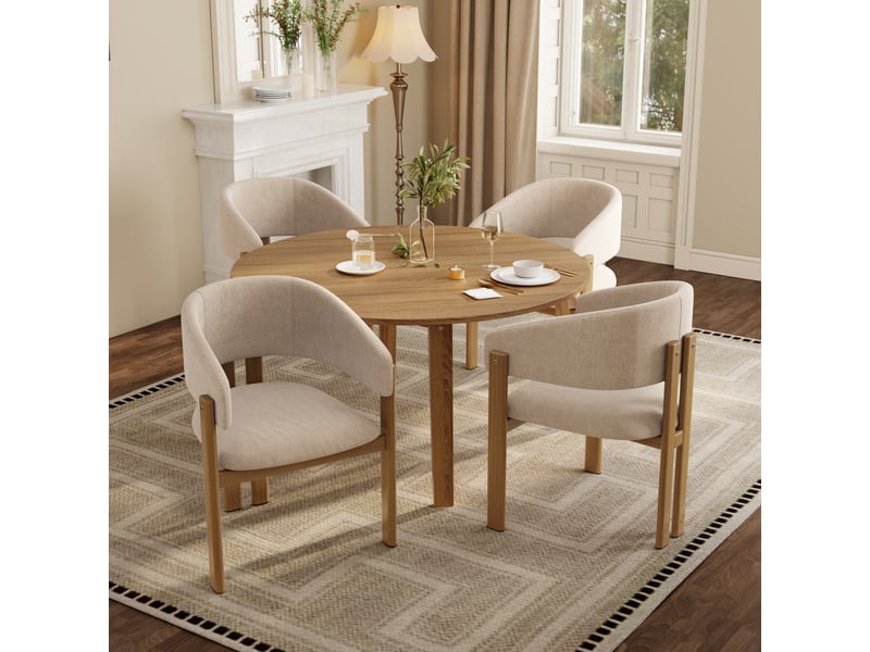 Lot de 2 chaises de salle à manger en lin beige avec accoudoirs, structure métal effet bois naturel, dossier rembourré, charge 150 kg - Conforama C
