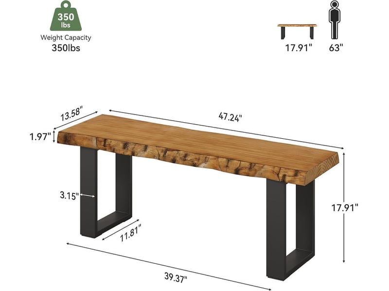  Banc d'entrée en bois massif de 47 pouces, banc à chaussures de style industriel avec pieds en métal, banc étroit et long pour chambre, salon et petits espaces, montage facile  - Conforama C