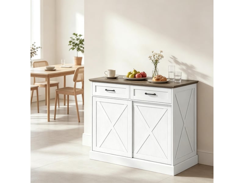 Îlot de cuisine multifonction avec portes coulissantes et 2 tiroirs, plateau marron antique et corps blanc, 106x57x92 cm - Conforama C