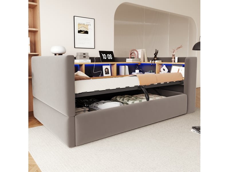  Lit avec coffre, 90x190 cm, rangement hydraulique, led, prises, rangements, matelas non inclus, velours, coloris gris  - Conforama E