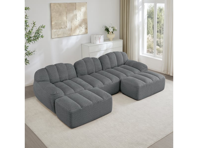 Canapé d'angle modulaire avec assise profonde, ottoman et dossier ergonomique, en fleece granuleux gris - Conforama C