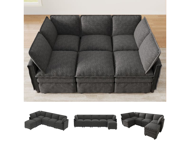  Canapé modulable forme u ou l combinable pouf mobile double coussin d’assise design passepoilé moderne revêtement chenille gris  - Conforama C
