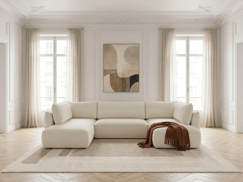 Bobochic canapé d'angle panoramique convertible esmee tissu chenille blanc angle droit ESMEE - Conforama C