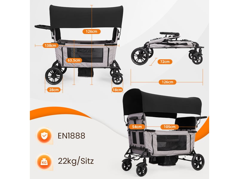  Chariot enfant pliable gris clair 4 places avec siège convertible en lit, toit pare-soleil, plateau, roues pu tout-terrain  - Conforama C