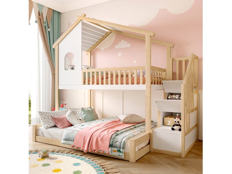  Modenvie lit superposé 90x200 cm + 140x200 cm - cabane avec fenêtre, échelle de rangement - naturel  - Conforama B