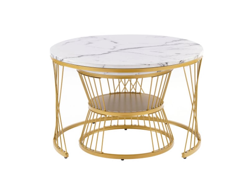  Table basse gigogne gain de place 70cm - mdf &amp; placage avec motif marbré - finition brillante facile à nettoyer, pieds métal doré 45x45x40cm - Conforama A
