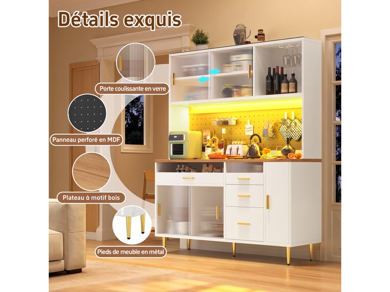  Meuble de cuisine muvano, buffet haut blanc avec éclairage led, portes vitrées coulissantes, 145 cm  - Conforama R