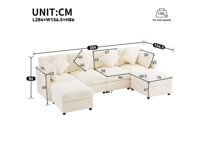Canapé d'angle en forme de u ,6 places, avec 2 poufs,incluant 4 coussins décoratifs et 2 appuie-têtes,284x156x86,beige - Conforama C