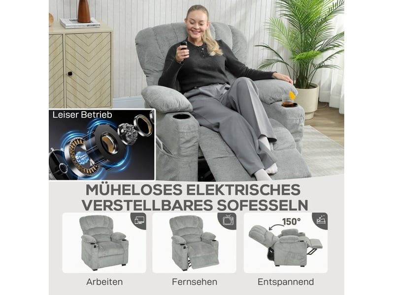  Fauteuil relax électrique inclinable avec repose-pieds, usb, deux positions mémorisées, porte-gobelets en polyester gris  - Conforama D