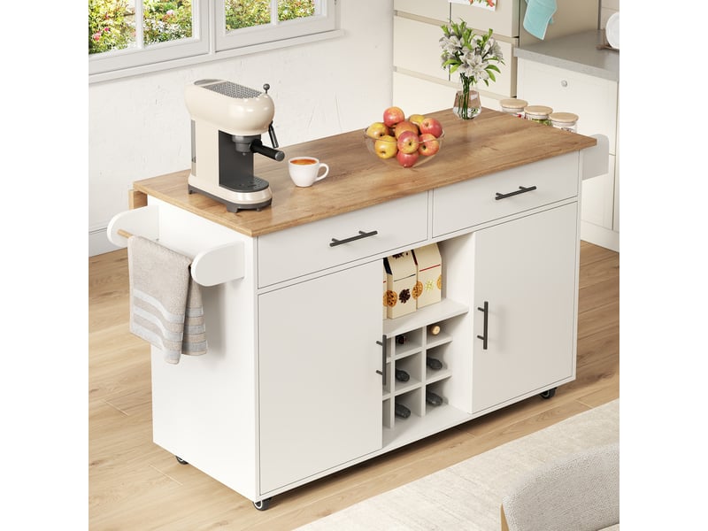 Îlot de cuisine mobile pliable avec rangement, chariot à roulettes, 2 tiroirs et porte-bouteilles - Conforama B