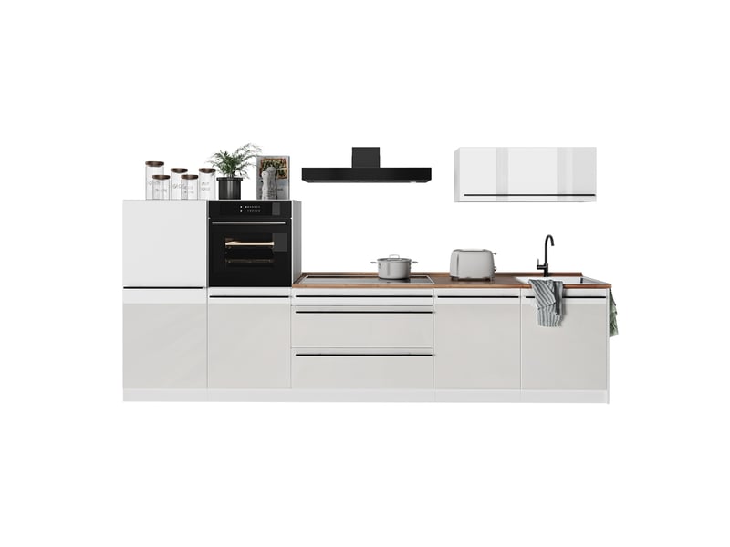 Vicco cuisine, blanc haute brillanceblanc, 340cm plan de travail chêne doré - Conforama E