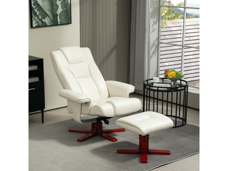  Fauteuil relax avec pouf, dossier inclinable à 135 degrés et fonction à bascule en cuir reconstitué blanc crème  - Conforama B