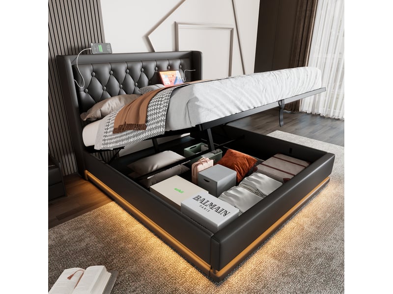  Lit double coffre hydraulique 180 x 200 cm noir en pu avec led et ports usbtype-c, sans matelas  - Conforama D