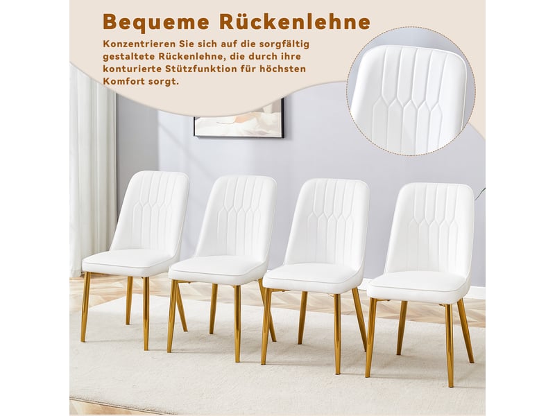 Chaise de salle à manger avec dossier ergonomique et pieds antidérapants - assise rembourrée, pu blanc et or - Conforama E
