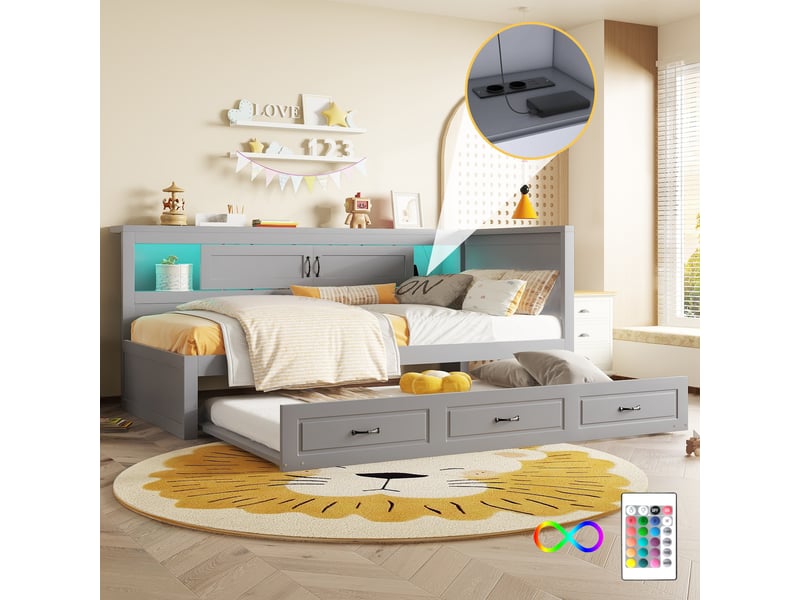  Canapé lit gris lit gigogne 90x200 avec éclairage led et rangement  - Conforama D