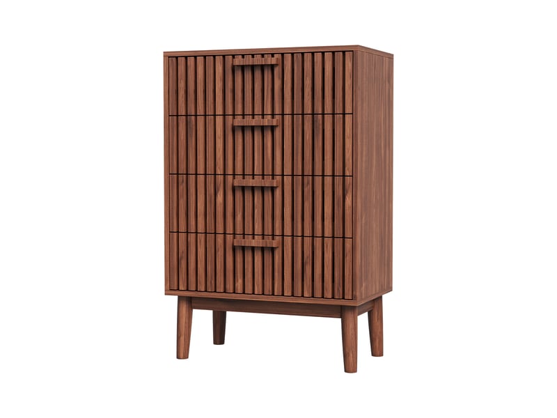  Commode 4 tiroirs - 60x34x91cm - meuble rangement chiffonnier vintage avec façades à lattes et pieds hauts - noyer  - Conforama A