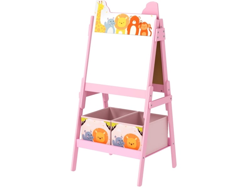  Chevalet enfant 2 en 1 avec tableau blanc et ardoise, 2 bacs de rangement en bois rose, 53,5 × 49 × 113 cm  - Conforama A