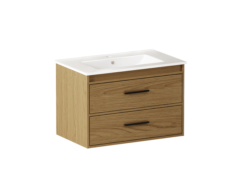  Meuble de salle de bain à 2 tiroirs - lpospi - rangement en mdf et céramique chêne clair 75 cm  - Conforama A