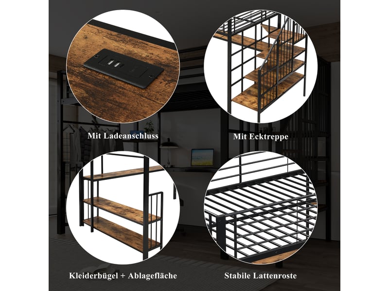  Lit mezzanine 120x200 cm avec échelle, cadre de lit en métal avec porte-manteau, noir + bois foncé, lit 1 personne  - Conforama R