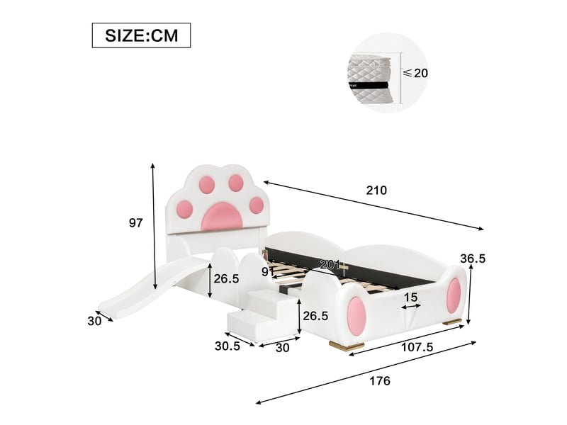  Lit enfant 90x200 cm avec toboggan et échelle, revêtement pu blanc et rose  - Conforama E