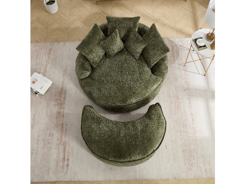  Fauteuil rond surdimensionné 138x190.5x63 cm, dossier large, coussins inclus, mousse dense, polyester, vert olive  - Conforama D