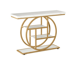 Table console, 105x30x80 cm, style industriel avec rangement, mdf, doré et blanc