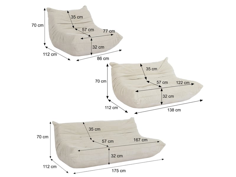  Ensemble de canapés hwc-r34, ensemble de canapés rembourrés, canapés lounge 3 places, 2 places, fauteuil, tissu velours (300 gm²) - blanc crème  - Conforama C