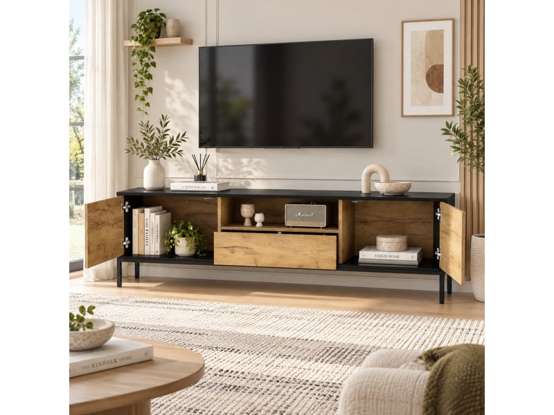  Meuble tv 170 cm décor bois et noir avec 2 portes, 1 tiroir et niches ouvertes, pour tv jusqu’à 70 pouces  - Conforama B