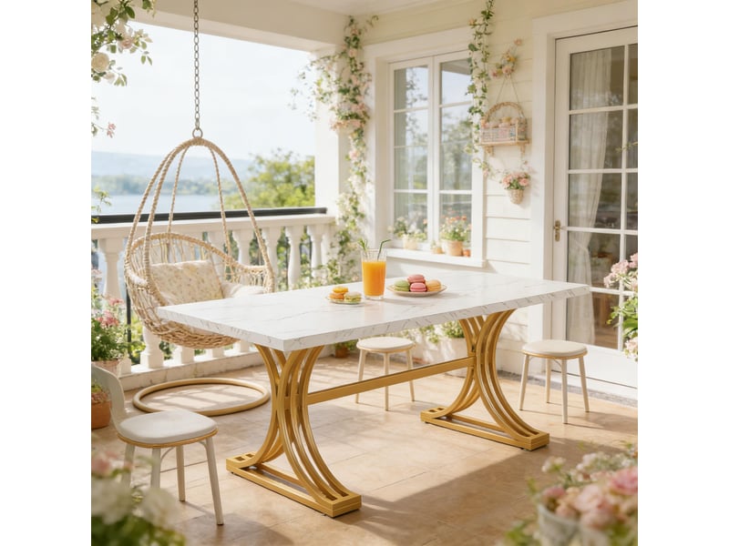  Table à manger,160x80x75 cm,4 à 6 personnes,marbre artificiel et métal,blanc et doré  - Conforama E
