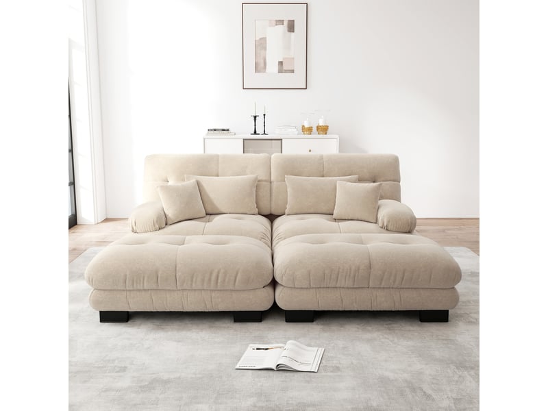 Canapé modulaire avec ottomans et coussins de soutien pour salon en chenille marron clair  - Conforama C