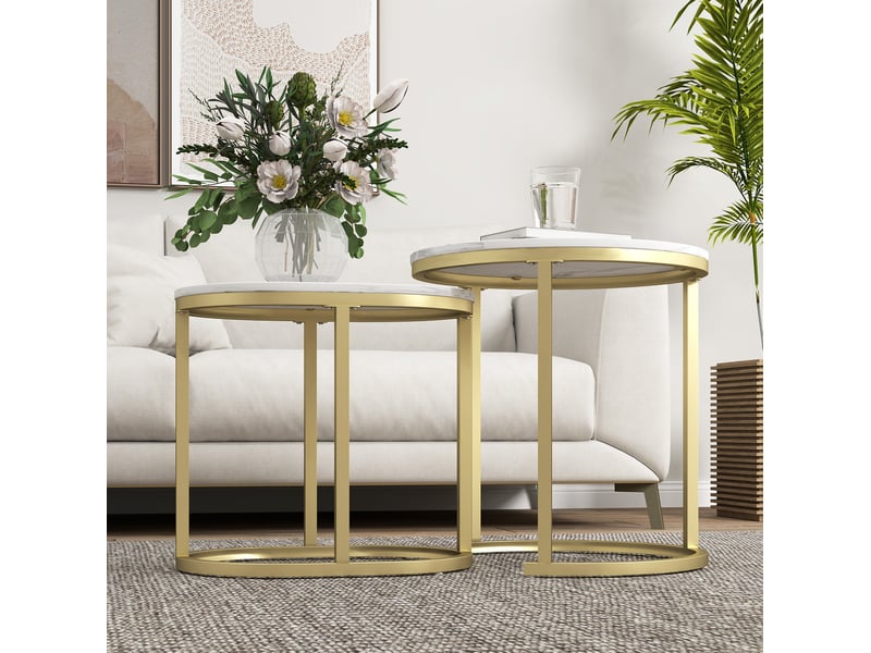  Tables basses gigognes rondes 2 pièces empilables avec pieds réglables, pour salon, en mdf et acier, blanc  - Conforama C