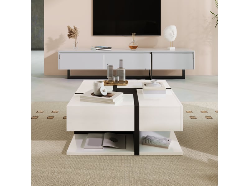  Table basse carrée avec 4 tiroirs et tablette inférieure, en panneaux de particules blanc et noir brillants, 78×78×36 cm  - Conforama B