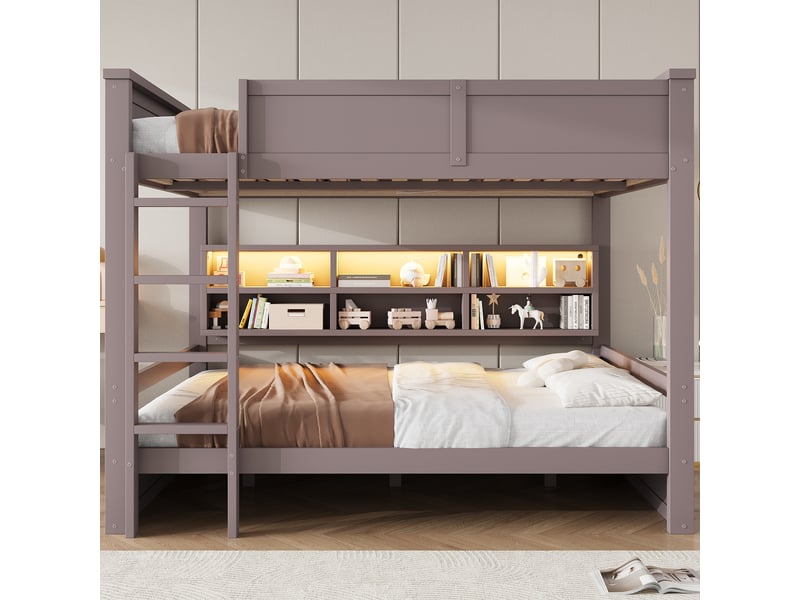  Lit superposé 160x200 avec 6 rangements, éclairage led et garde-corps, bois massif, marron pour enfants  - Conforama D