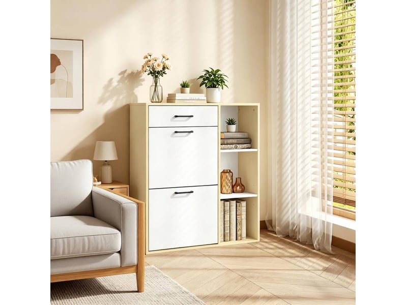  Meuble à chaussures 3-en-1 80x30x90 cm mdf bois métal blanc  - Conforama E