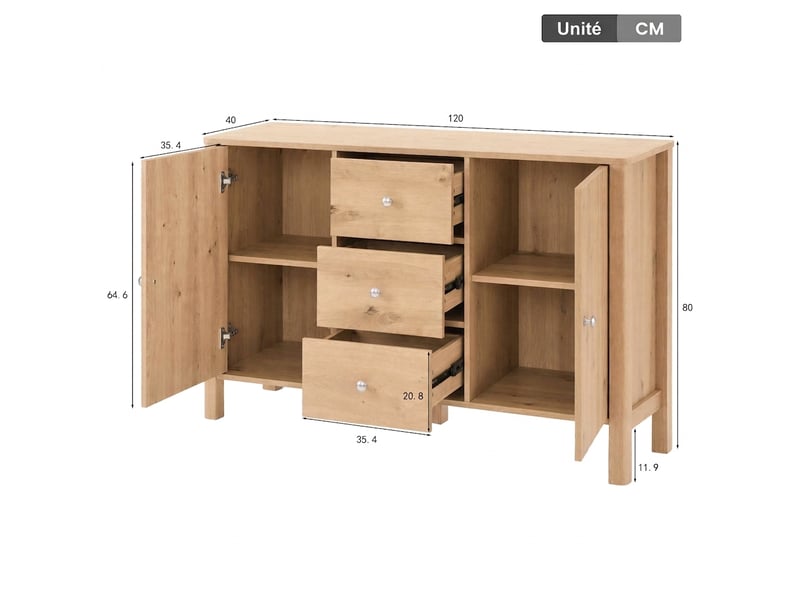  Commode 3 tiroirs et 2 portes, enfilade salon 120 cm, buffet moderne couleur chêne  - Conforama E