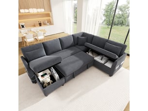 Canapé d'angle convertible 6 places 255x196x85 cm canapé-lit avec rangement, méridienne réversible, usb type-c, en tissu effet lin - gris