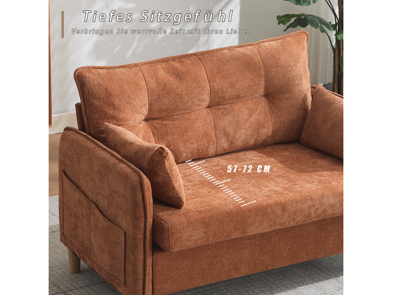  Canapé 2 places 127x75,5x83 cm en bois marron, accoudoirs, coussins moelleux, poches latérales, tissu chenille  - Conforama D