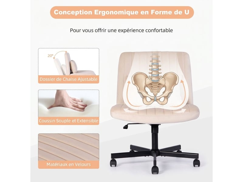  Chaise de bureau pivotante en tissu réglable en hauteur sans accoudoirs à roulettes silencieuses  - Conforama C