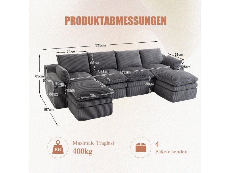  Canapé d’angle modulaire 4 places en velours côtelé gris foncé avec 2 poufs  - Conforama C
