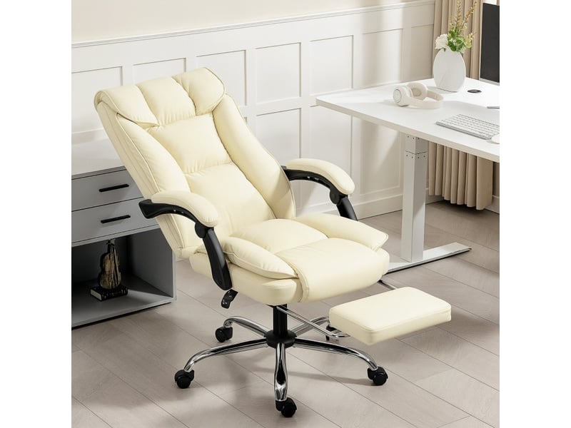  Fauteuil de bureau ergonomique beige et noir en cuir régénéré, inclinable à 155° avec repose-pieds rétractable  - Conforama B