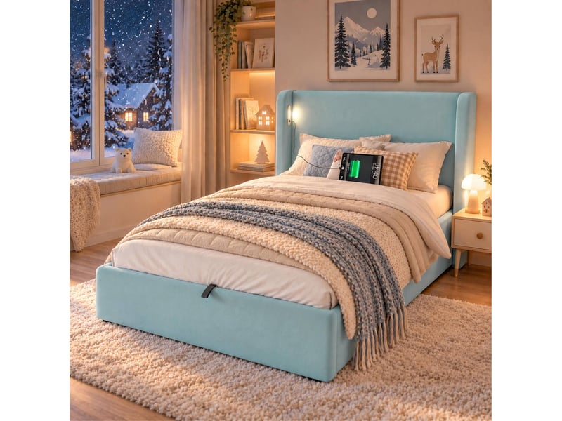  Lit coffre enfant 90x200 cm, sommier inclus, ouverture hydraulique, led, usb et type-c, velours bleu, sans matelas  - Conforama D