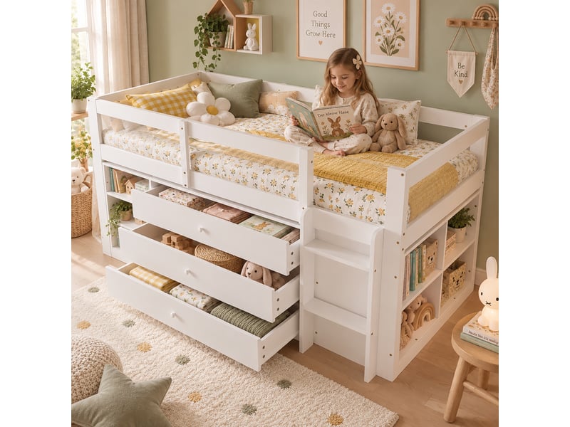 Lit mezzanine 90x200 cm - grand rangement - barrière de sécurité - 3 tiroirs - bois massif - structure multifonction - pour chambre enfant - blanc CozyNest - Conforama B