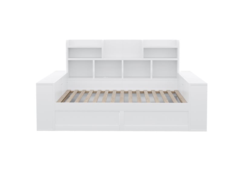  Canapé-lit multifonction en bois 90 x 200 cm, coffre hydraulique, rangements et les accoudoirs, prise électrique, éclairage led, blanc  - Conforama A