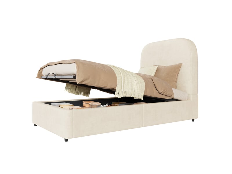  Lit coffre enfant 90x190cm - avec tête de lit rembourrée - avec espace de rangement - tissu bouclé - beige (matelas non inclus)  - Conforama A
